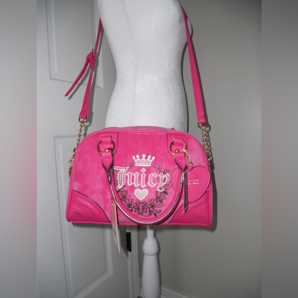 Juicy Couture FREE LOVE Hot Pink Velour Heritage Bowler Shoulder Bag Purse NWOT
